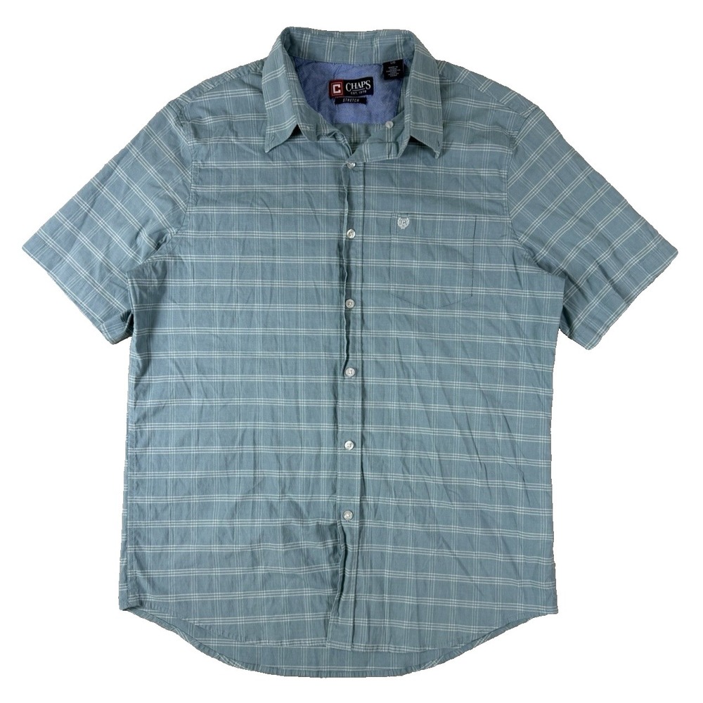 Chaps Stretch Short Sleeve Plaid Button Down Shirt Mens Large Blue